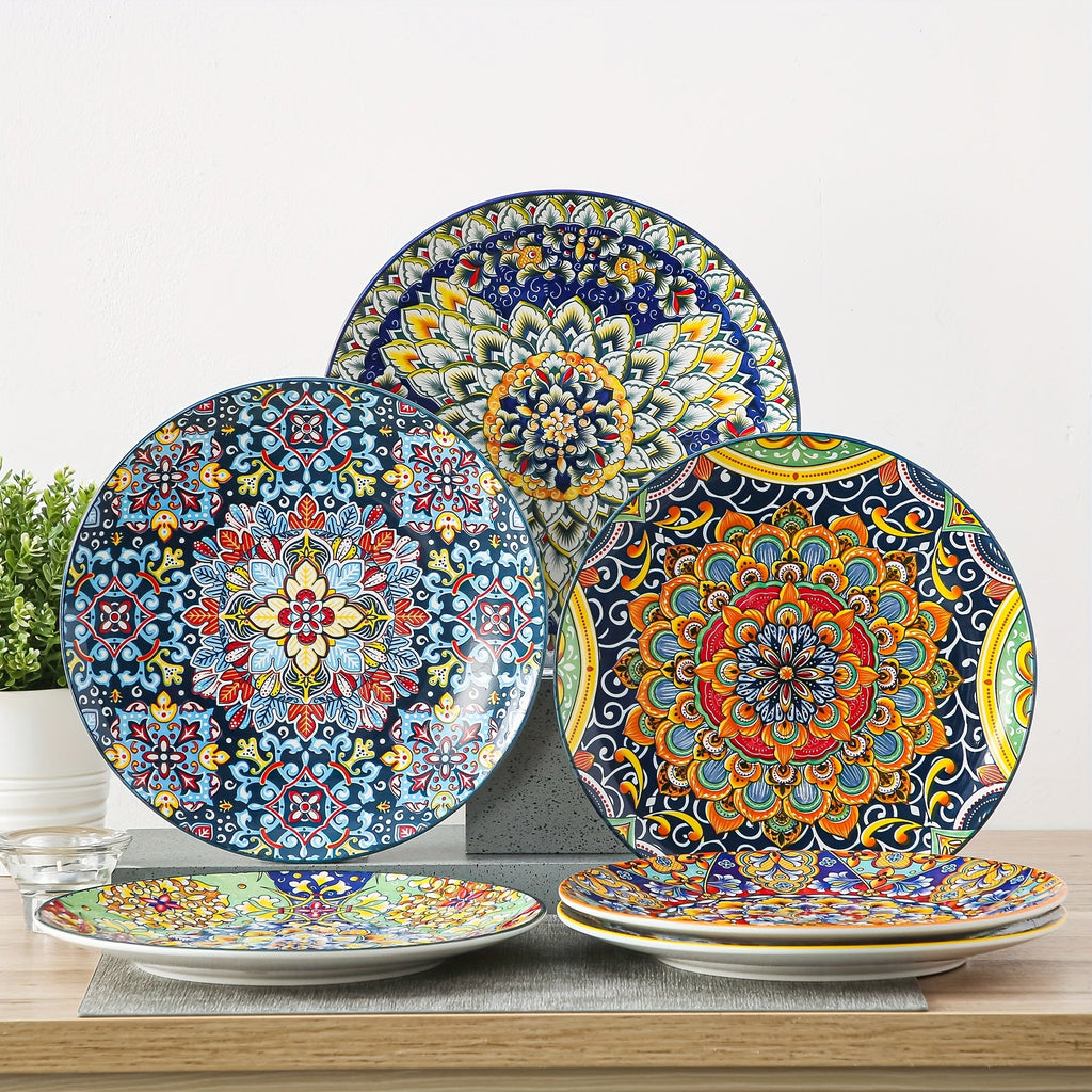 Bohemian Dinner Plates Set of 6 ¨C 10.5 Inch Colorful Stoneware Plate Set Microwave Dishwasher Safe Scratch Resistant Porcelain Dinnerware for Home Restaurant Cafe Boho Kitchen Decor Gift