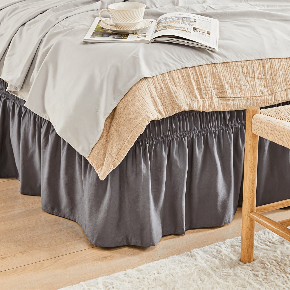 Bed Skirt Elastic Wrap Around Ruffle - 15 Inch Drop Microfiber Dust Ruffle, Adjustable No-Lift Fit, Fade Resistant Machine Washable, Hotel Quality Bedskirt for Twin Full Queen King, 30 Colors