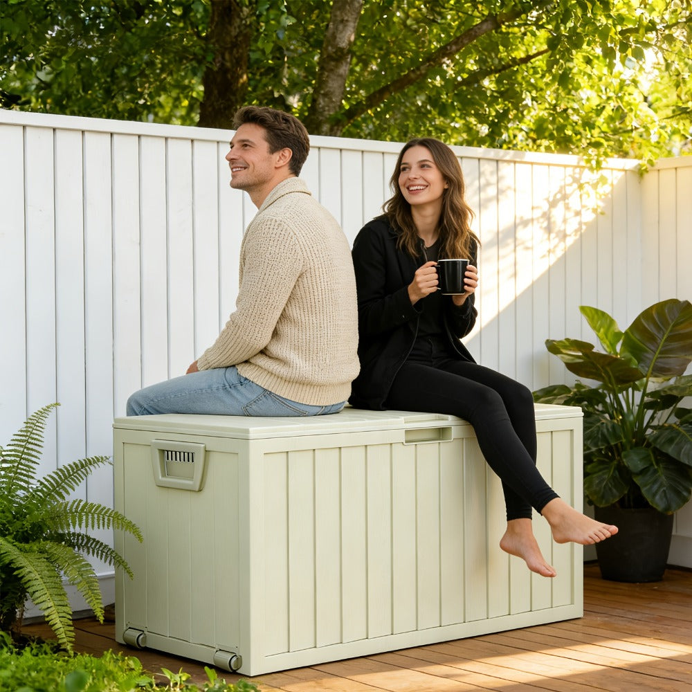 75 Gallon Outdoor Storage Box Waterproof Deck Box with Handles & Wheels ¨C Large Patio Storage Cabinet for Pool Accessories, Garden Tools & Outdoor Furniture | Easy Assembly Lockable Deck Storage Chest