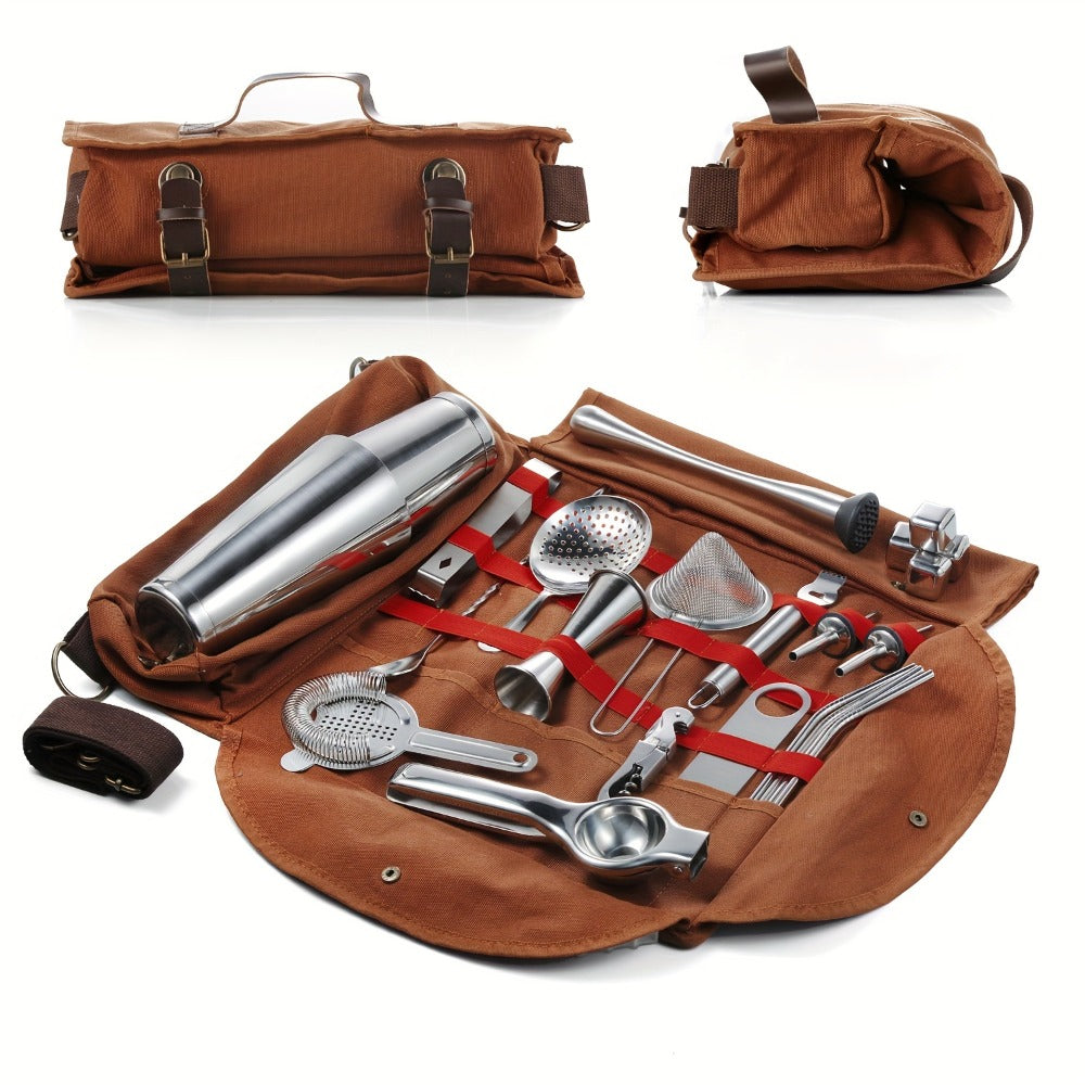 25 Piece Bartender Travel Set Cocktail Kit with Portable Bag | Stainless Steel Mobile Bar Set for Home, Parties & Camping