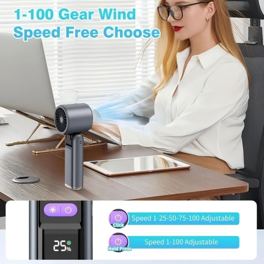 Handheld Ice Pack Fan High-Speed Semiconductor Cooling | 100-Speed Digital Display Turbo Fan with LED Light, Foldable Portable Design for Outdoor, Travel & Daily Use ¨C Purple, Beige, Pink, Black & White