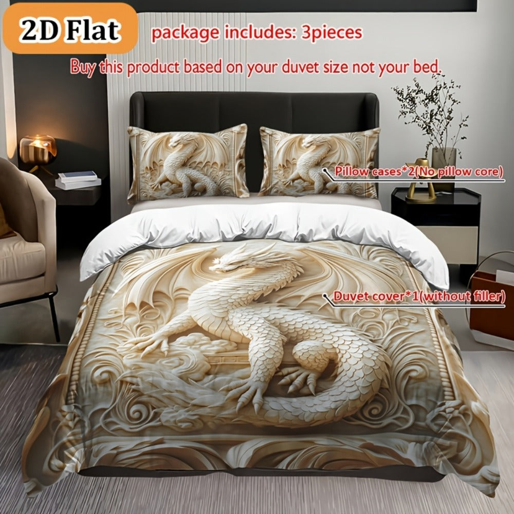 Dragon Print Duvet Cover Set 3-Piece ¨C Boho Dragon Totem Bedding, Soft Polyester Comforter Cover with 2 Pillowcases, Twin Full Queen King, Dorm Room Decor