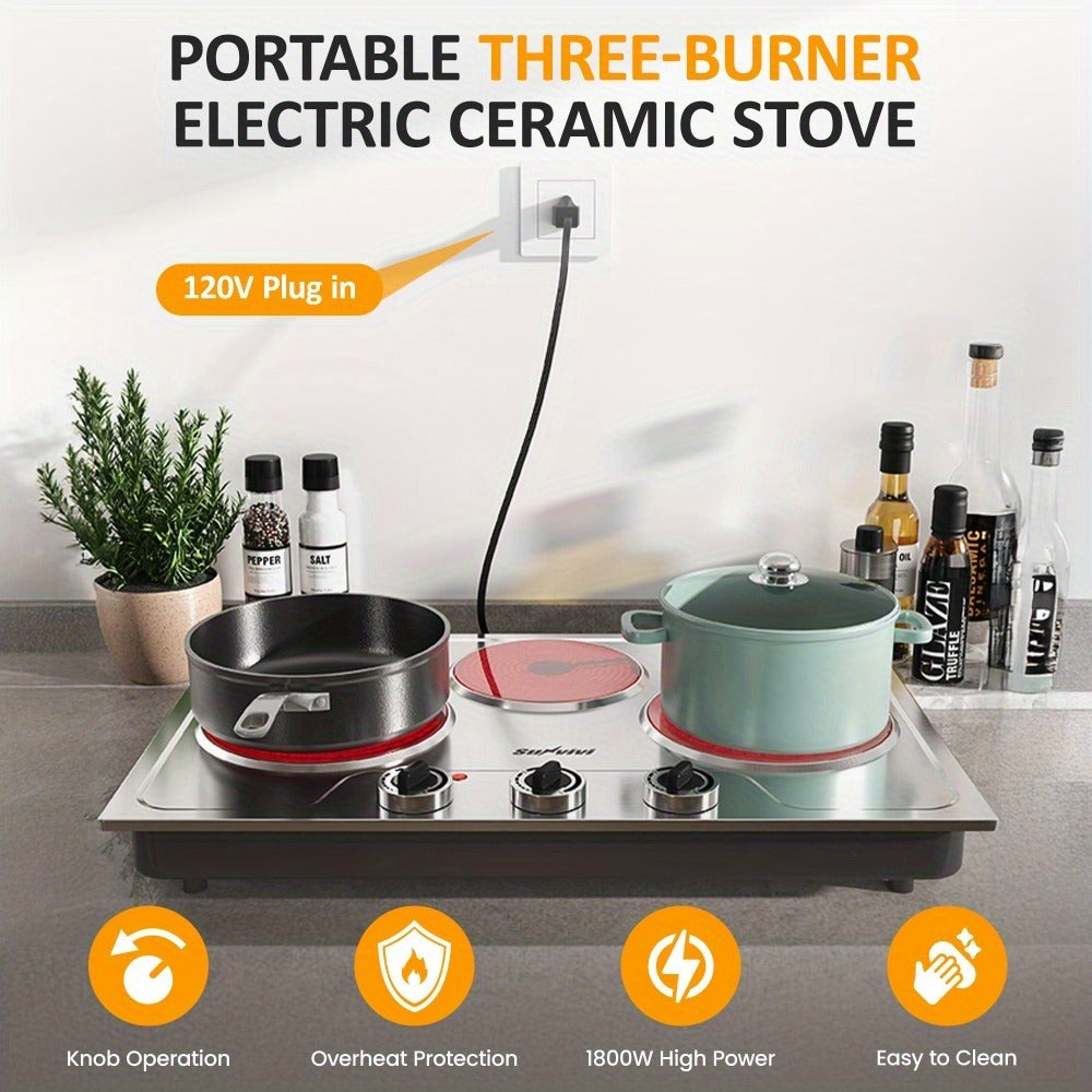 Portable Electric Cooktop Triple Burner 1800W ¨C Royalcraft Countertop Electric Stove with Knob Control, Indicator Light, Compatible with All Cookware, Silver