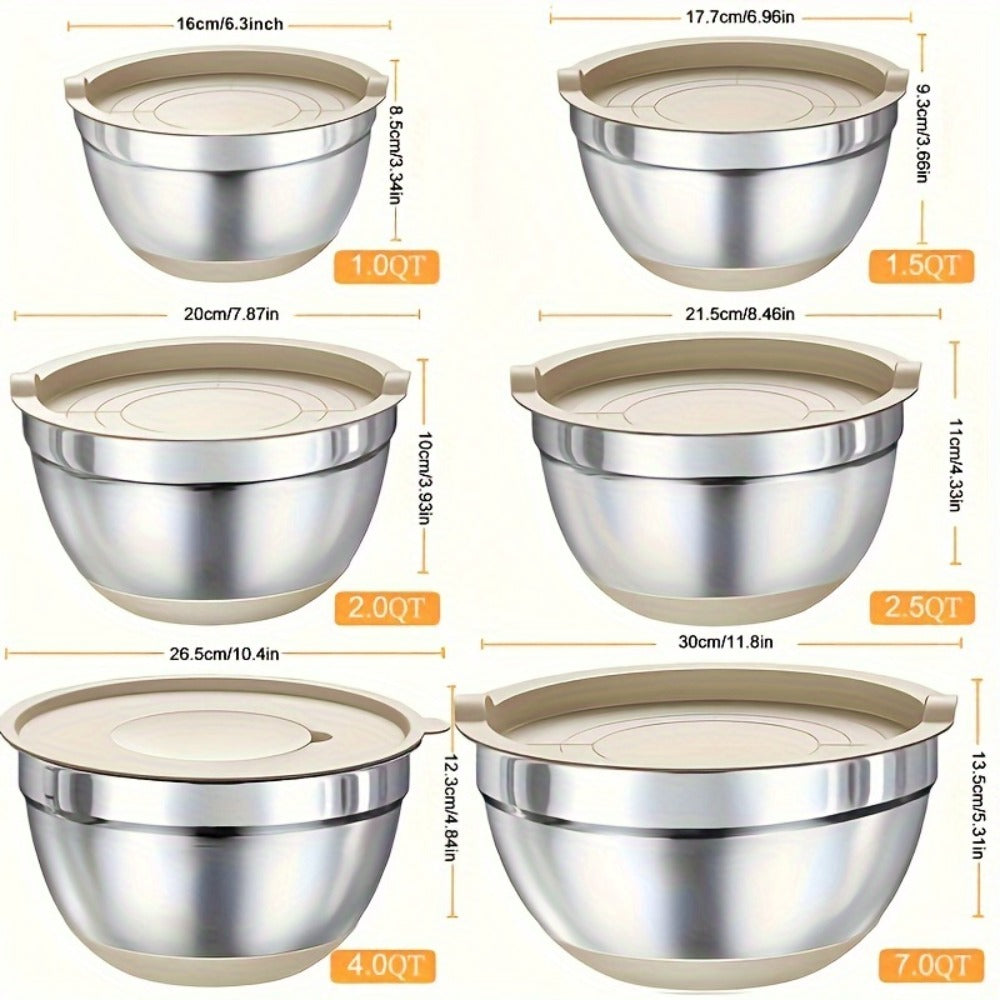 Stainless Steel Mixing Bowls with Airtight Lids 26pcs Set, 3 Grater Attachments, Non-Slip Bottoms, 7Qt 4Qt 2.5Qt 2Qt 1.5Qt 1Qt, Nesting Bowls for Mixing Serving Salad Baking