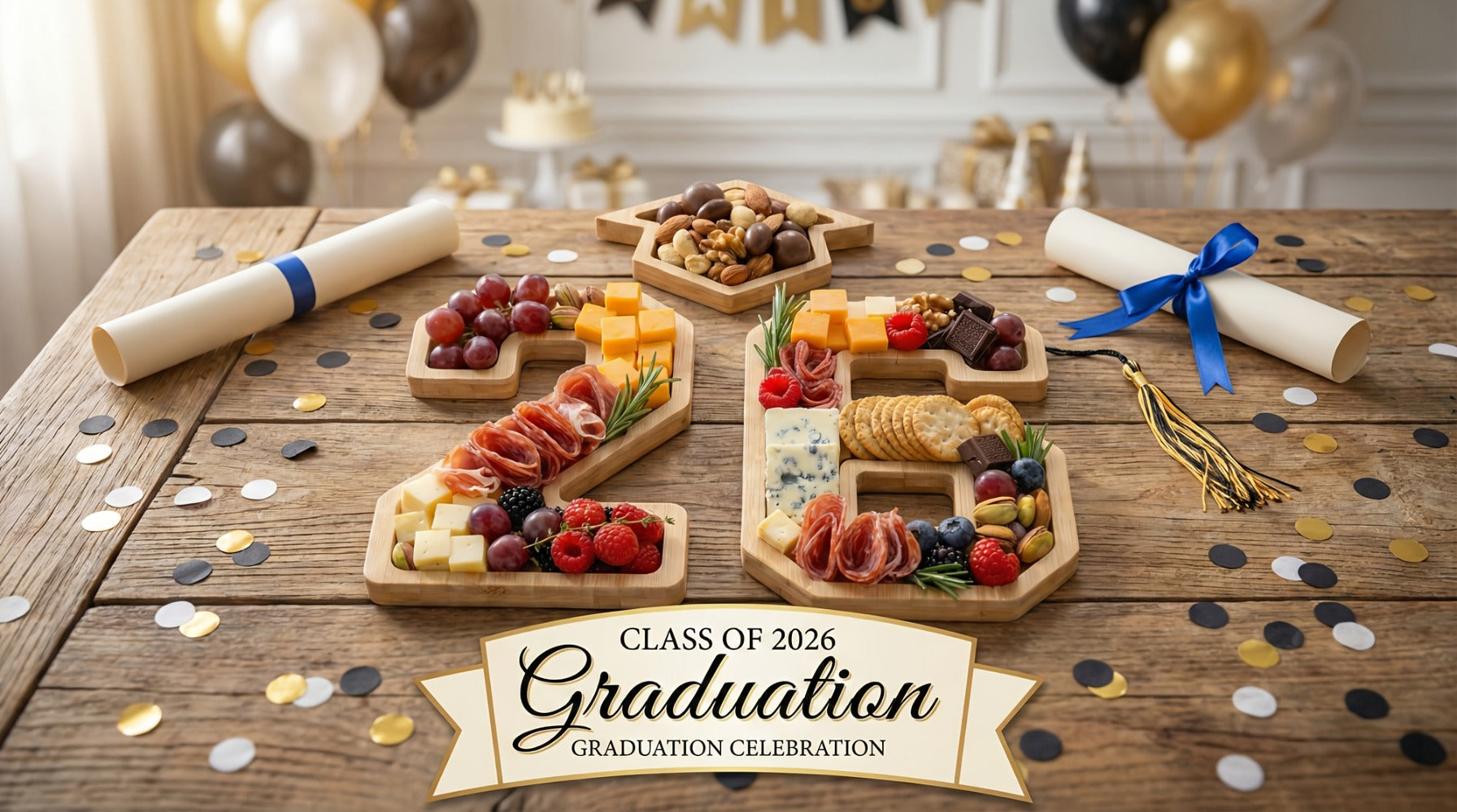2026 Graduation Decorations Table Centerpiece Set ¨C Charcuterie Board with Number 26 & Graduation Cap, Serving Trays for Preschool, High School & College Grad Party Supplies