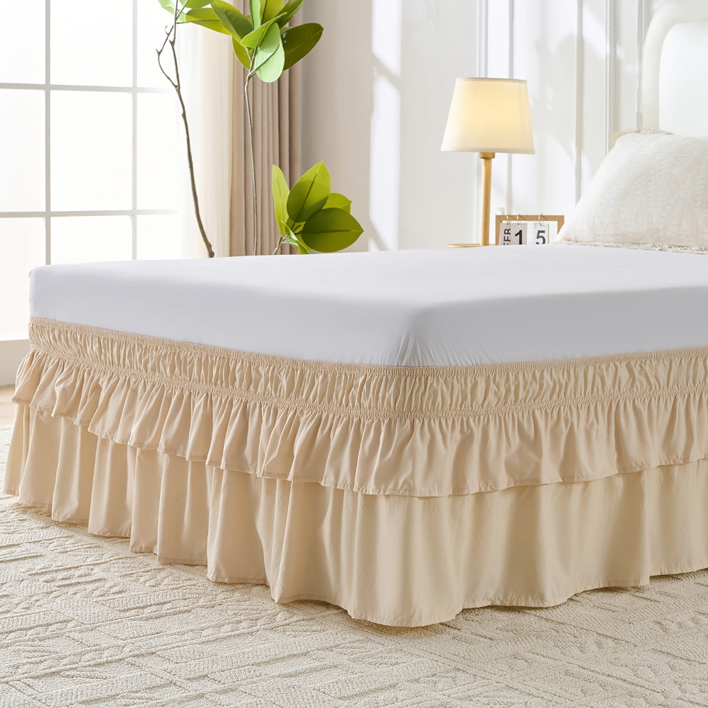 Double Ruffle Bed Skirt 16¡± Drop | Elastic Wrap Around Dust Ruffle for Twin Full Queen King Bed | Easy Install Machine Washable Soft Linen Poly Blend Bedskirt