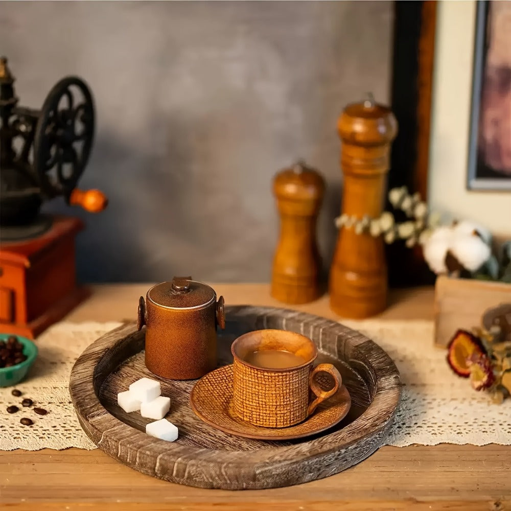 Decorative Tray for Coffee Table ¨C Round Wave-Shaped Centerpiece Tray for Living Room, Dining Room, Kitchen Counter, Bathroom ¨C Rustic Vintage Distressed Finish, Multipurpose Home Decor Tray