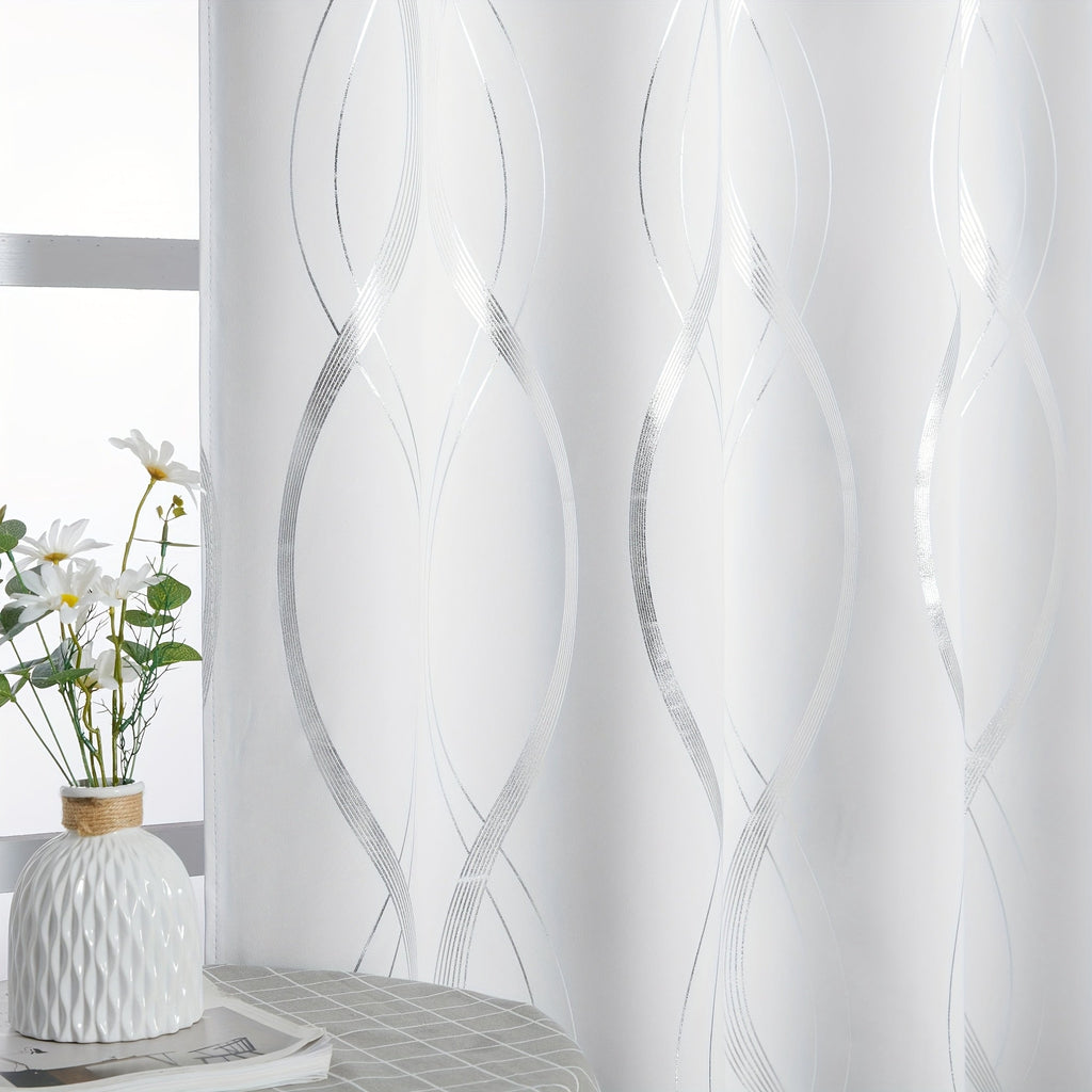 Thermal Insulated Blackout Curtains 2 Panels Wave Line Foil Print Noise Reducing Room Darkening Drapes for Bedroom Living Room Patio Sliding Glass Door