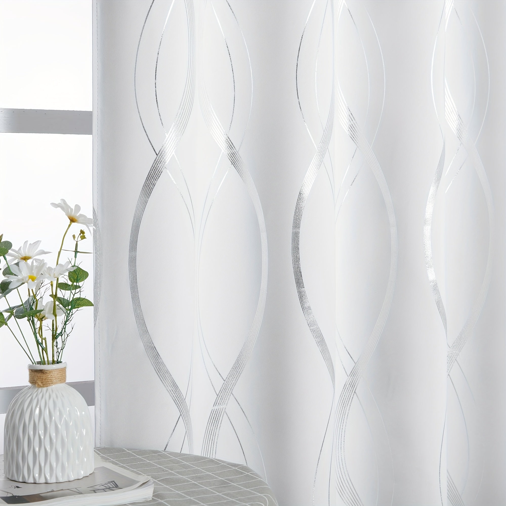 Thermal Insulated Blackout Curtains 2 Panels Wave Line Foil Print Noise Reducing Room Darkening Drapes for Bedroom Living Room Patio Sliding Glass Door
