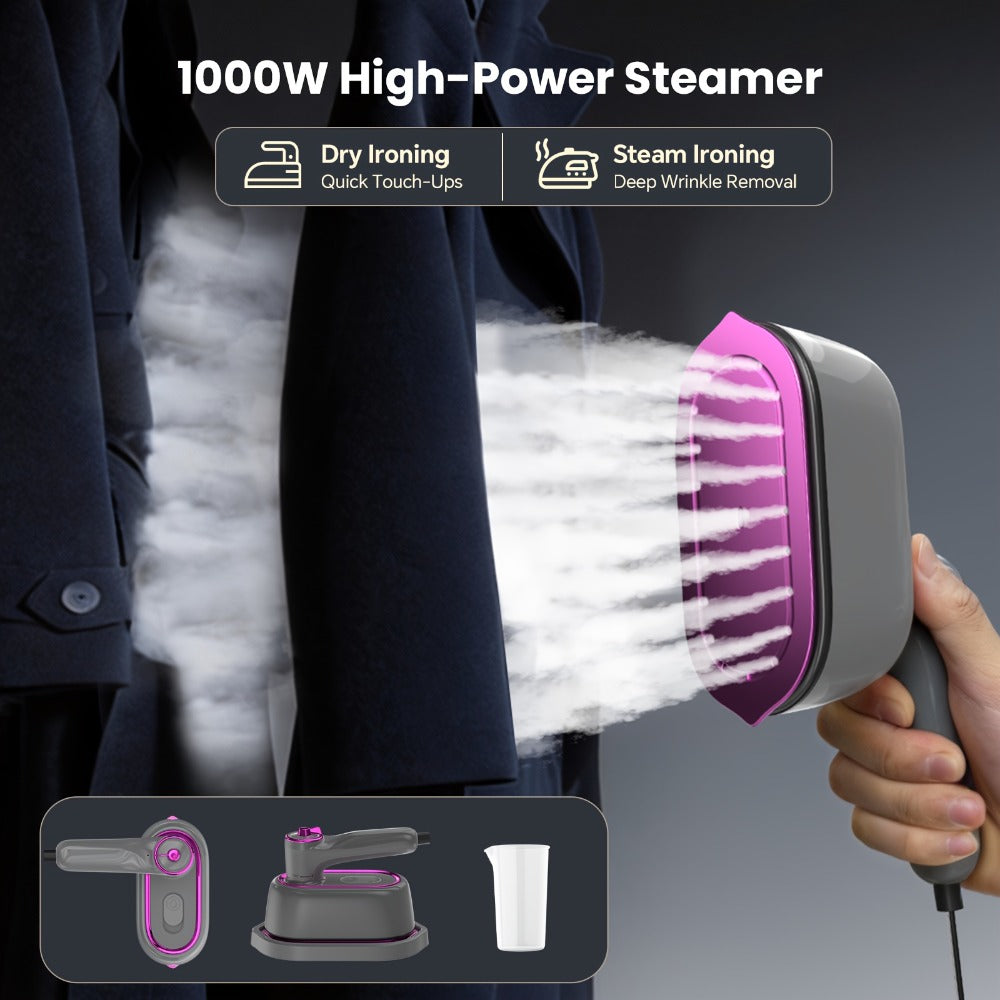 Mini Travel Steamer 2-in-1 Dry Steam Iron Foldable 180 Degree Handle 15-Second Heat 85ml Leak-Proof Tank ETL Certified for All Fabrics Home Travel Purple Black