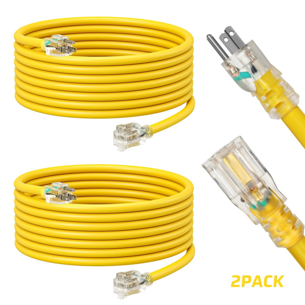 Extension Cord 2 Pack 15ft Heavy Duty Outdoor Indoor SJTW 16/3 Full Copper Wire LED Power Indicator 13A 125V 1625W Grounded 3 Prong