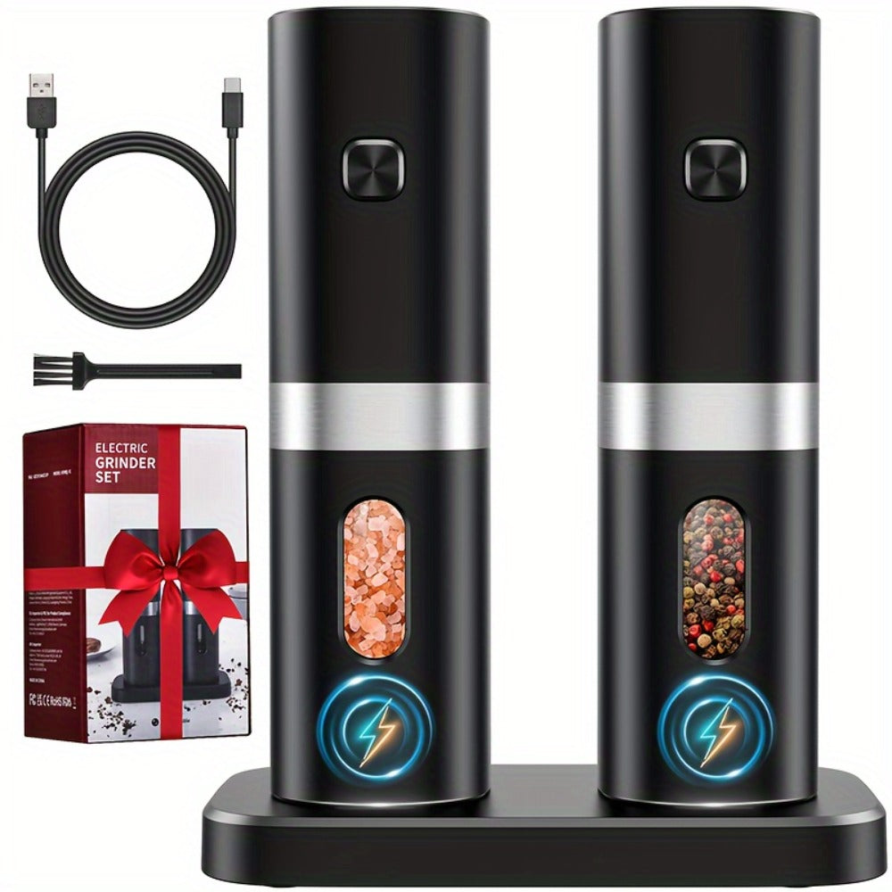 Electric Salt and Pepper Grinder Set 2-Pack Rechargeable with Charging Base & White Light - One-Hand Automatic Operation, Battery-Powered Salt Pepper Mill Set for Kitchen Cooking, Gift for Dad