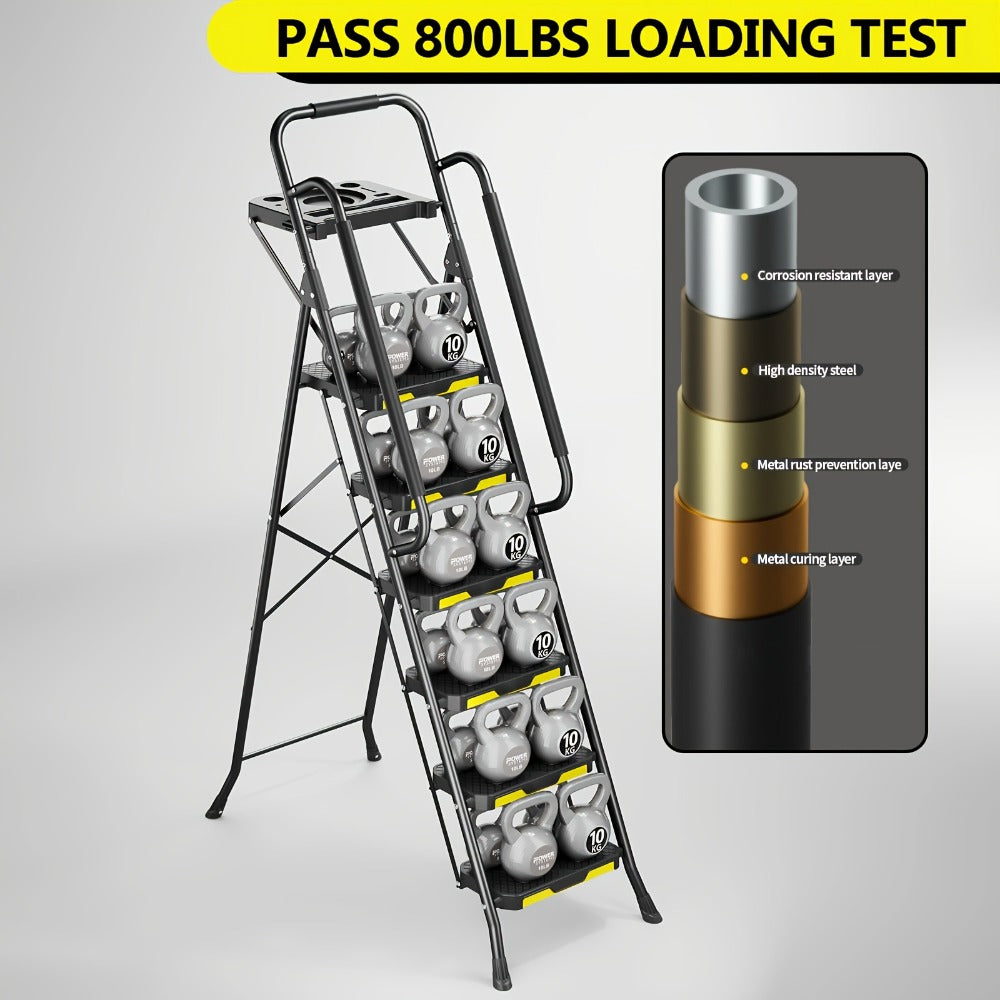 6 Step Ladder with Handrails & Tool Platform 800 LBS ¨C Folding Step Stool Wide Pedal Steel Safety Ladder for Adults, Painting, Home, Garage & Outdoor Use ¨C Auto Safety Lock, Compact Storage