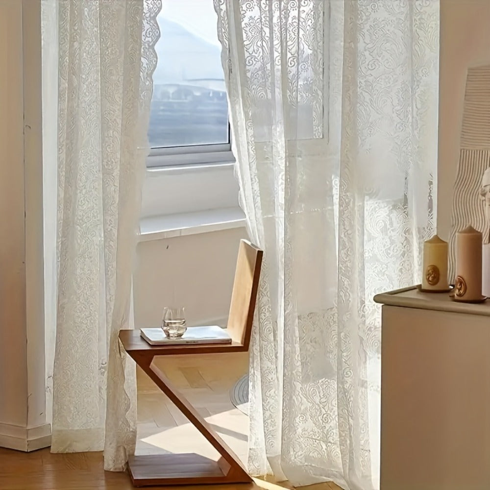 Sheer Curtain Rod Pocket Floral Lace Semi-Sheer Window Panel for Living Room Bedroom Kitchen Bathroom, 100% Polyester, Machine Washable, White Light Green Coffee