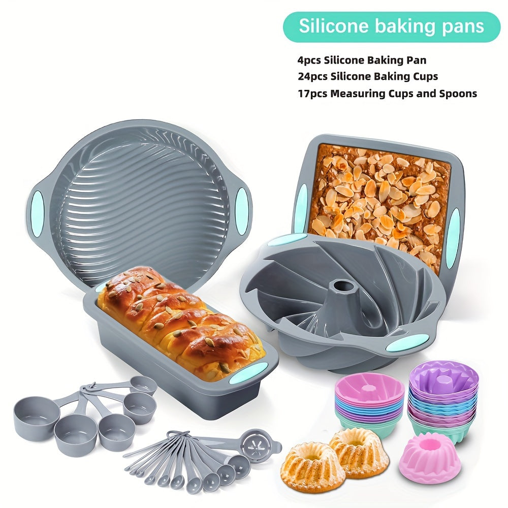 Silicone Bakeware Set with Cake Molds, Muffin Pan, Donut Pan, Baking Sheet, Baking Cups & Measuring Cups Spoons, Complete Nonstick Silicone Baking Set for Oven, 45-Piece 53-Piece or 83-Piece Options