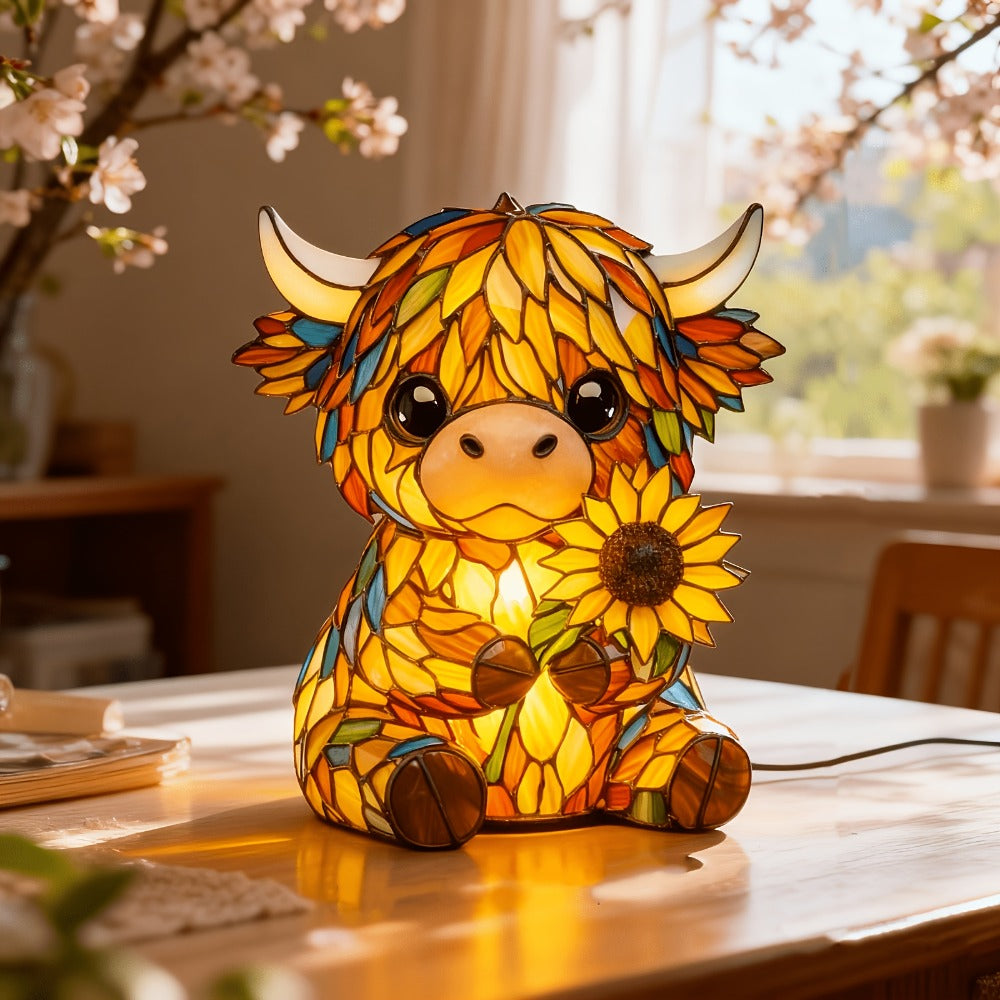 Highland Cow Desk Lamp USB Powered Cute Cow Night Light Handcrafted Sunflower Design Bedroom Living Room Decor Unique Gift for Friends Family Kids