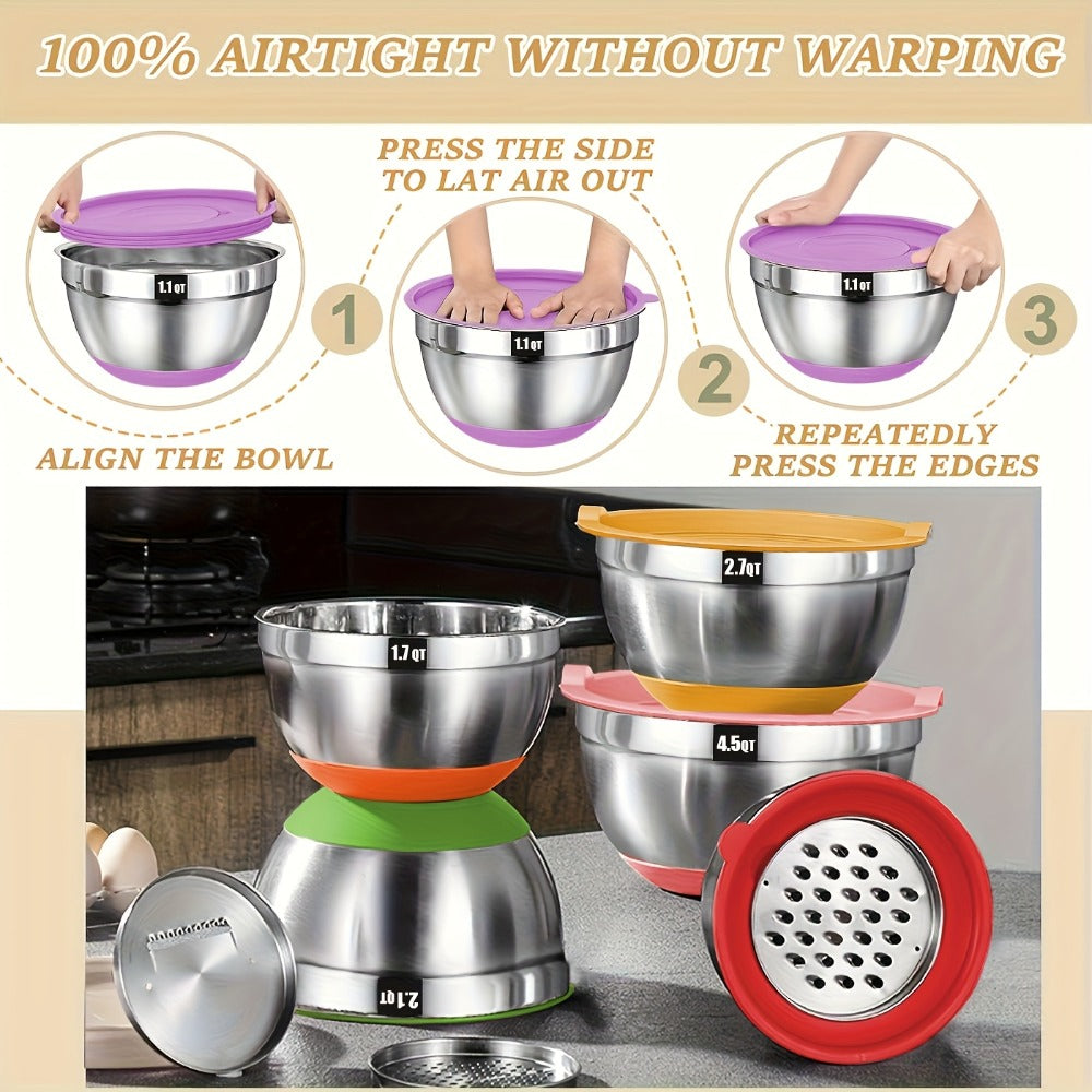 Stainless Steel Mixing Bowl Set 26pcs with 6 Bowls 20 Kitchen Tools Anti-Slip Bottom Multiple Sizes for Baking Cooking Meal Prep Storage