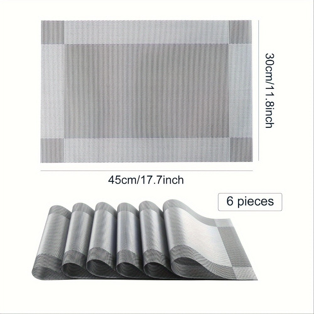PVC Placemats Set of 6 Heat Resistant Non-Slip Washable Table Mats for Kitchen Dining Table, Easy Clean Vinyl Dinner Mats 11.8x17.7 Inch (Golden, Brown, Silver)