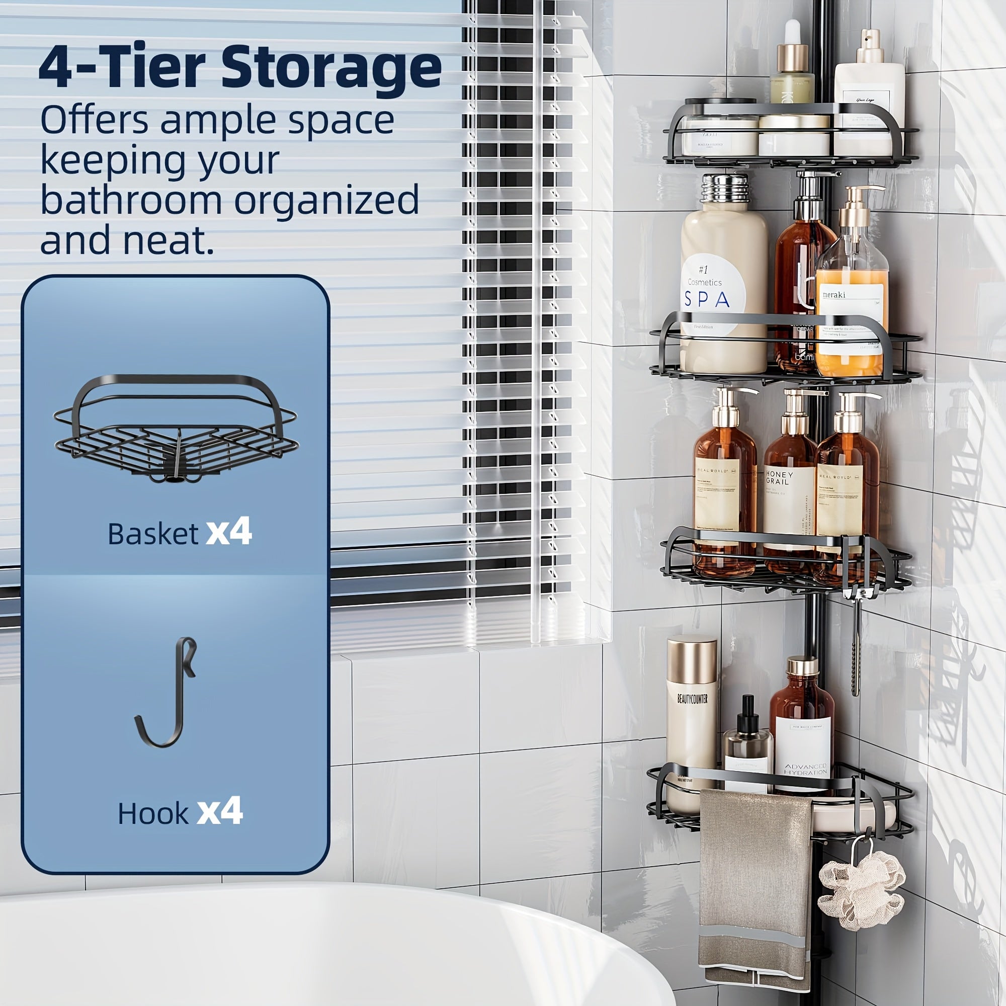 Corner Shower Caddy Tension Pole No Drilling Shower Organizer Shelf with Hooks for Bathroom Bathtub Shampoo Soap Storage Adjustable Height Rustproof