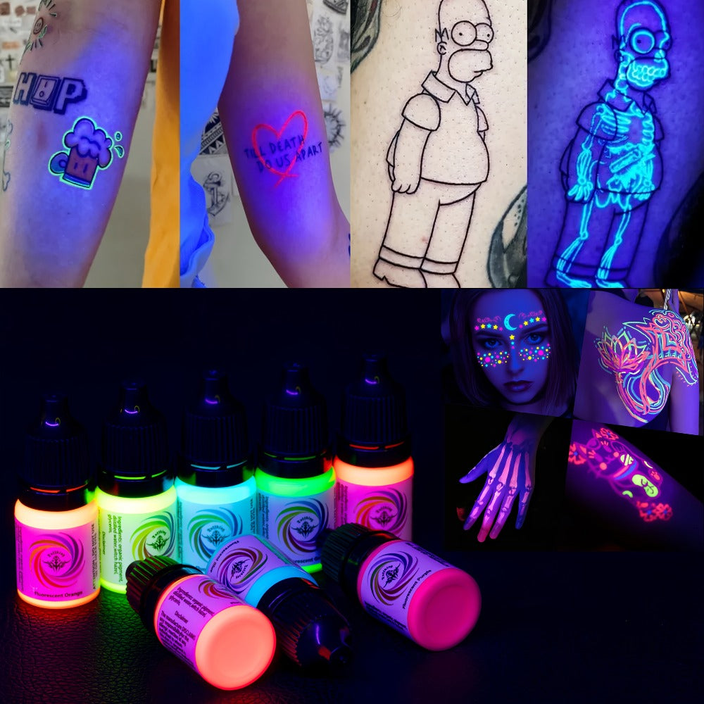 UV Fluorescent Tattoo Ink Set 8 Colors ¨C Professional Long-Lasting Blacklight Tattoo Pigment for Body Art, Permanent Makeup & DIY Tattoo ¨C Vibrant Neon Violet Glow Ink