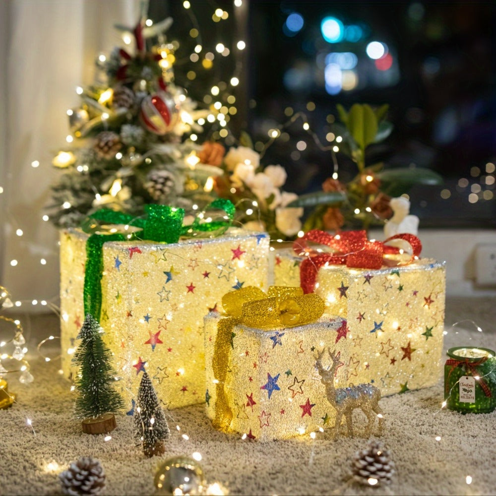 Christmas Gift Box Lamp 3pcs - Transparent Light Box with LED String Lights, Strap & Handle, Holiday Home Decoration, Birthday Party Decor, Manual Assembly