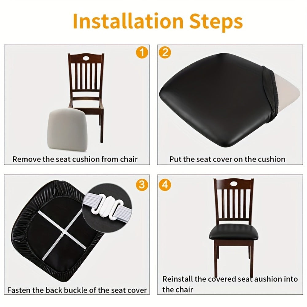 Waterproof PU Leather Dining Chair Cushion Covers Removable Stretch Seat Slipcovers for Dining Room Kitchen Hotel Set of 4 or 6