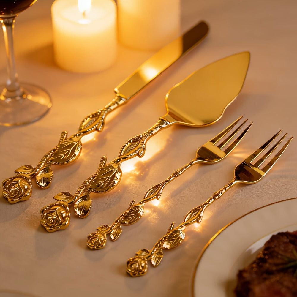 Cake Knife and Spatula Set with Rose Handle ¨C Silver-Plated Dessert Server Gift Box Set for Wedding, Birthday & Party