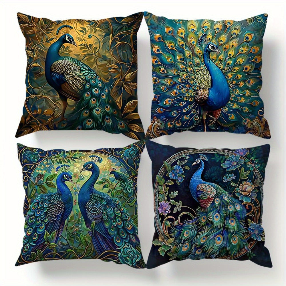 Cushion Covers 18x18 Set of 4 Vintage Peacock Oil Painting Boho Plush Throw Pillow Cases with Zipper Machine Washable for Living Room Bedroom Home Decor