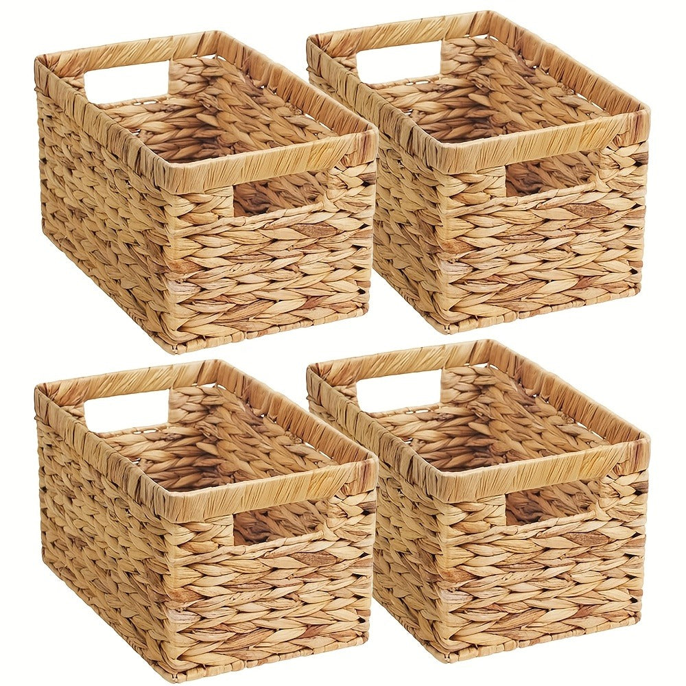 Wicker Storage Basket with Built-in Handle, Natural Rattan Boho Stackable Shelf Organizer Bin for Bathroom Bedroom Living Room Kitchen Closet Home Decor