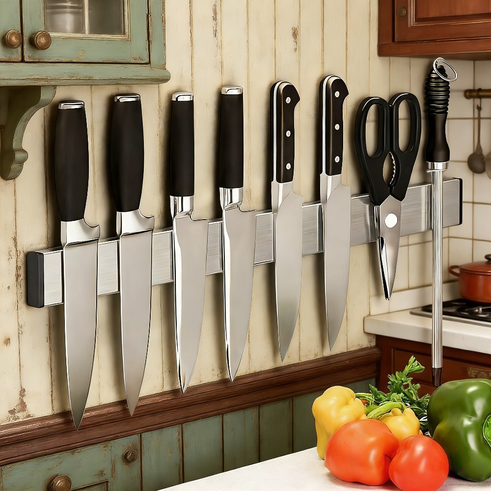 Magnetic Knife Holder Wall Mounted ¨C Stainless Steel Punch-Free Knife Strip Rack for Kitchen, Holds Chef Knife Santoku Bread Knife, No-Drill Knife Bar for Home Restaurant Kitchen Organization