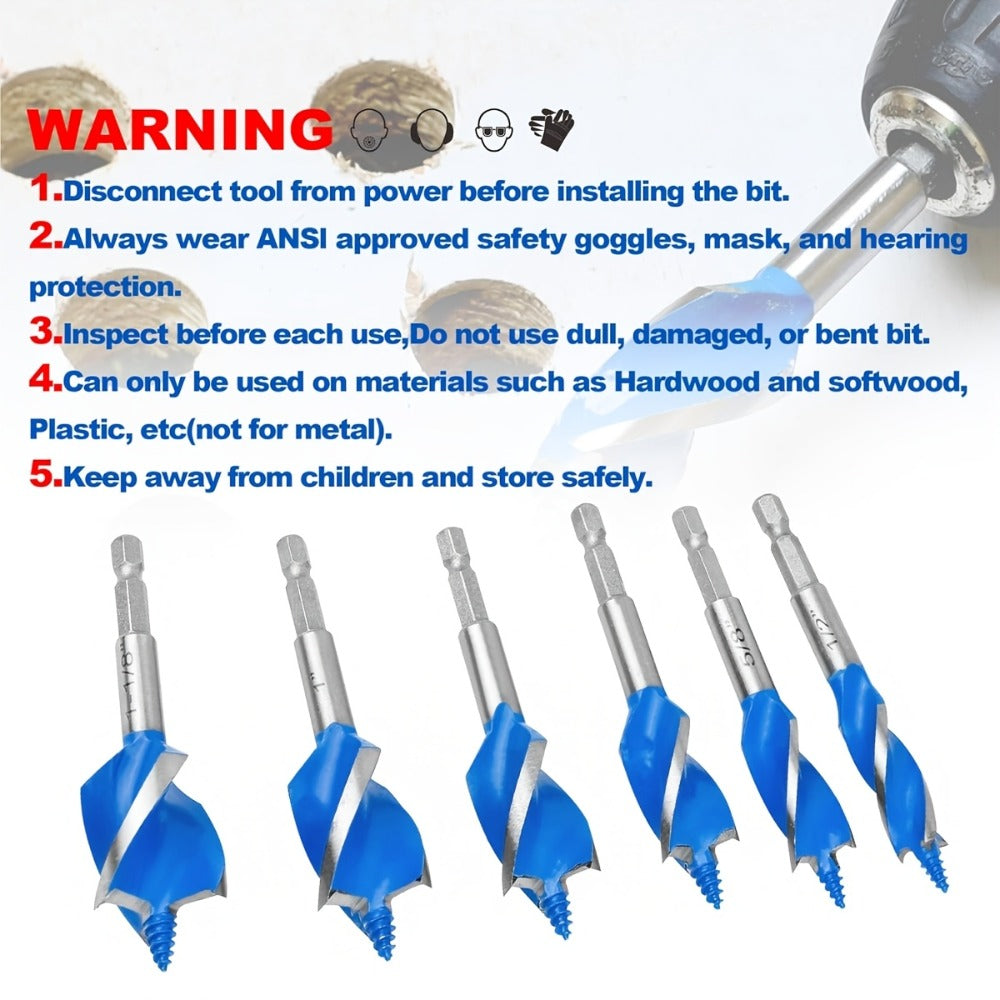 Drill Bit Set 6PCS Hex Shank Quick Change - Metal Hexagonal Handle with 4 Slots & 4 Blades, Multi-Purpose Wood & Metal Drill Bits for Door Locks Drawers Hole Drilling Woodworking DIY Projects