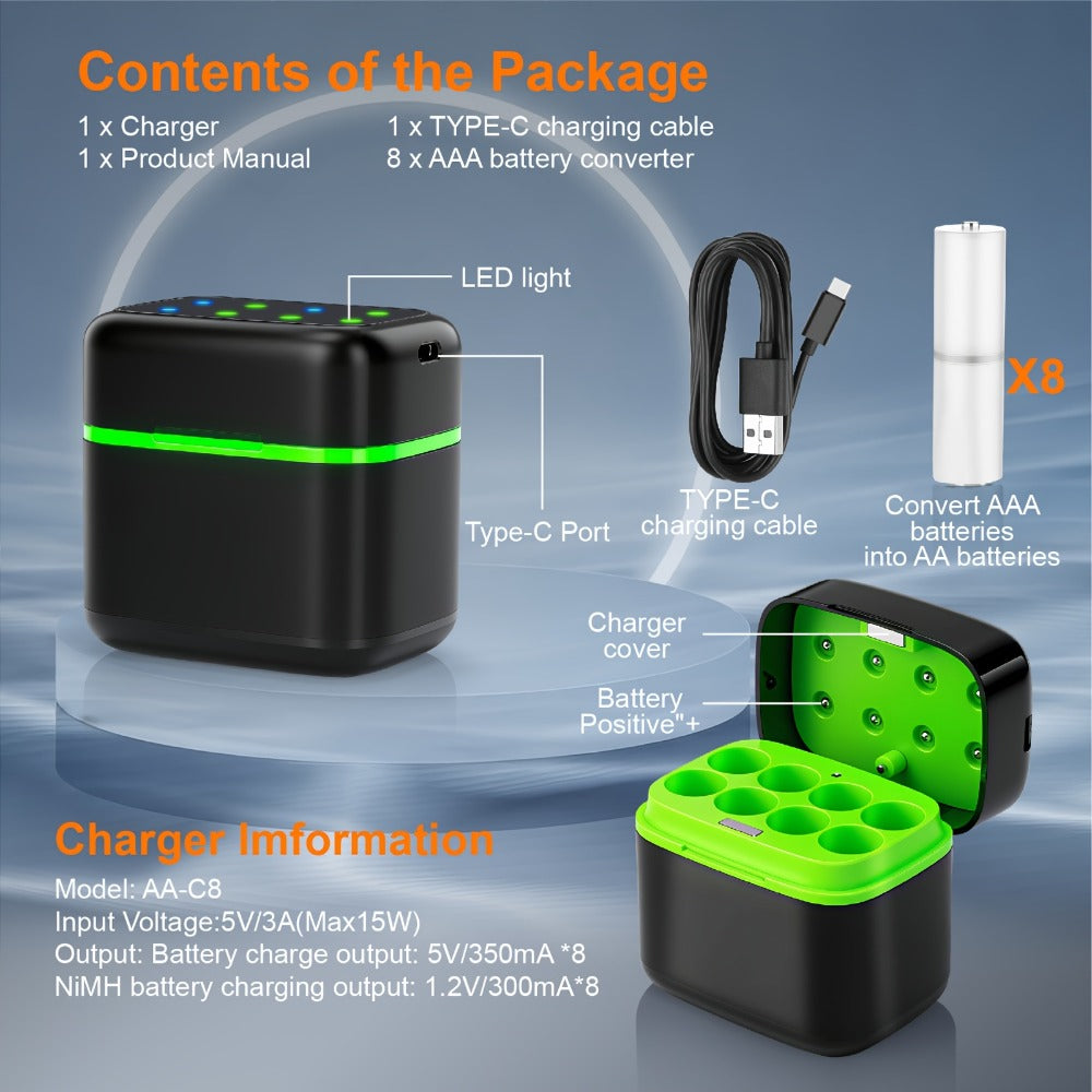 AA AAA Battery Charger Smart Hybrid Charger for NiMH and Li-ion Rechargeable Batteries with Integrated Storage Box Compatible with AA AAA Batteries Battery Not Included
