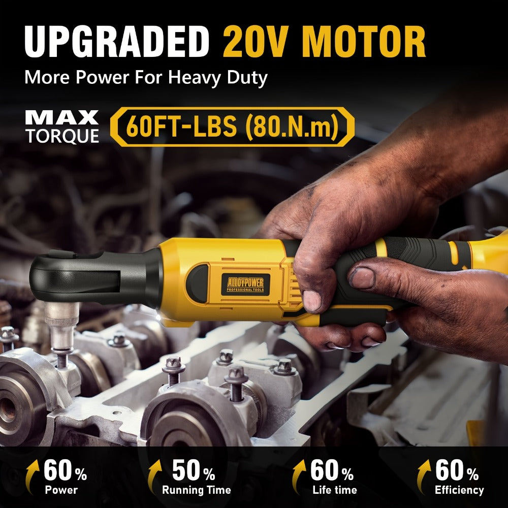 Cordless Ratchet Wrench Set 3/8 Inch 60FT-LBS 80Nm Electric Ratchet 2x20V Rechargeable Variable Speed LED Light 6 Sockets 1/4 Adapter 3 Inch Extension Rod Yellow