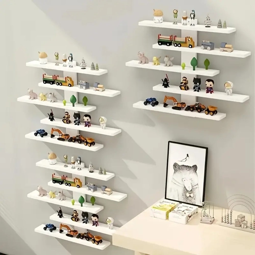 5-Tier Wall Mounted Floating Display Shelf Adjustable Fiberboard | Modern Decorative Storage Rack for Action Figures Building Blocks Collectibles Dolls Statues Home Office Shelving Unit Black White