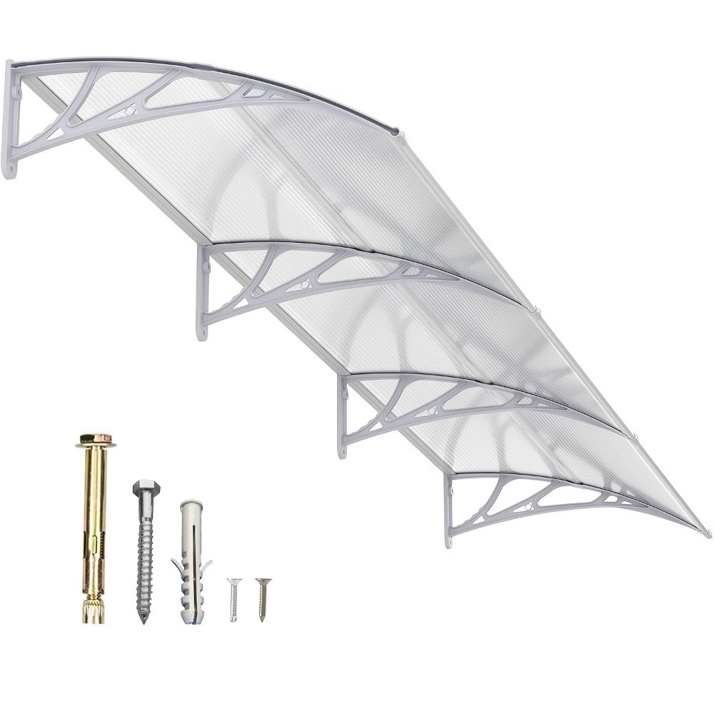 Polycarbonate Window Awning Door Canopy - UV Rain Snow Sun Protection Overhang for Doorways, Patio & Windows, Multiple Sizes, Black/Gray Bracket with Blue/Clear/Brown Board