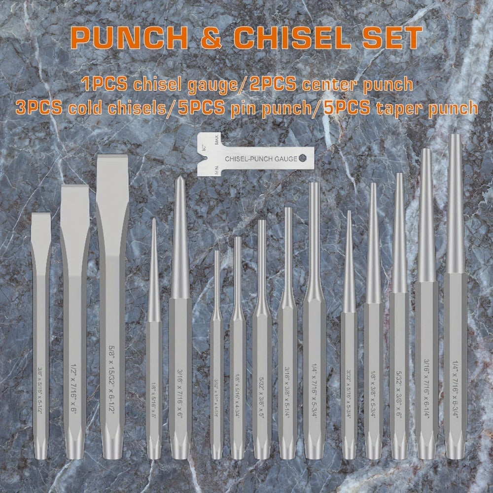 Punch and Chisel Set 16pcs Cr-V Steel with Taper Punch Cold Chisels Pin & Center Punches Fabric Storage Case Heavy-Duty Non-Electric Hand Tool Kit for Metalworking Woodworking Automotive DIY