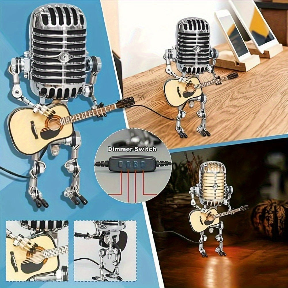 Vintage Microphone Robot Guitar Lamp USB Powered ¨C Retro Decorative Night Light for Music Lovers, Guitar Players, Home, Bar & Office Desk Decor (Red / Yellow)