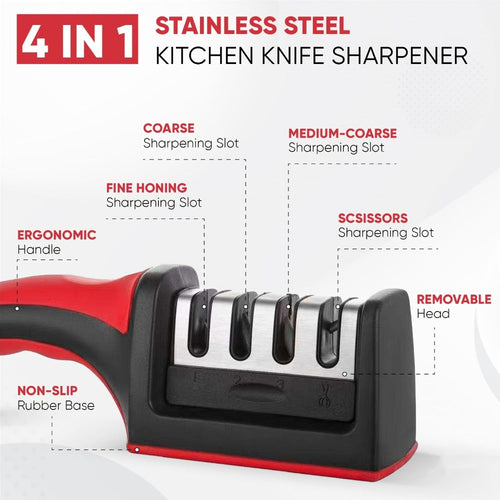 4-in-1 Knife Sharpener with Scissors Sharpener | Stainless Steel, Anti-Slip Handle, Professional Knife Sharpening Kit