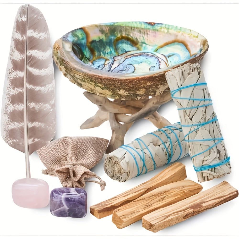 White Sage Smudge Kit 11pcs ¨C 2 White Sage Bundles, 3 Palo Santo Sticks, Abalone Shell with Stand, Crystal Stones ¨C Spiritual Cleansing Gift Set for Home, Meditation & Ritual Decor