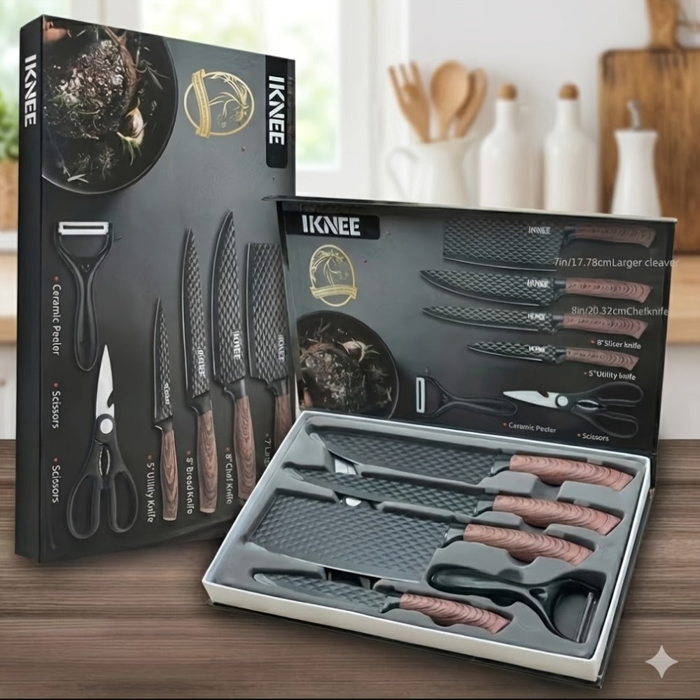 Kitchen Knife Set 6-Piece Professional Chef's Knife Set | High Carbon Stainless Steel Ultra-Sharp Blades | Non-Stick Ergonomic Wooden Handle | Chef Slicing Scraper Scissors | Home & Gift Box Set