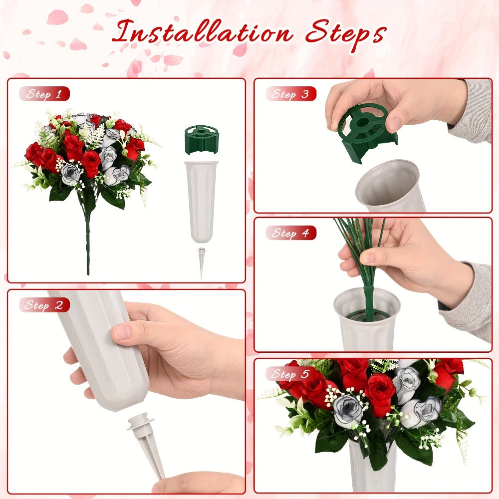 Artificial Cemetery Flowers for Grave with Saddle, Silk Rose Bouquet Headstone Decoration, Memorial Day Grave Flowers, Outdoor Grave Marker Floral Arrangement, 1/2/3 PCS