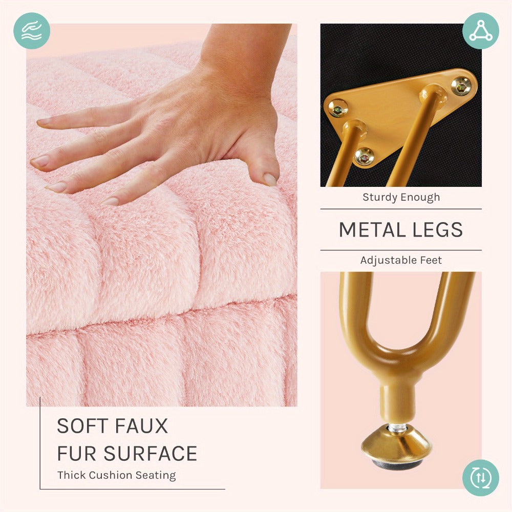 Faux Fur Storage Ottoman Stool ¨C Soft Furry Vanity Seat with Storage, 4 Metal Legs & Non-Slip Feet ¨C Cute Modern Multi-Function Chair for Bedroom, Vanity & Living Room