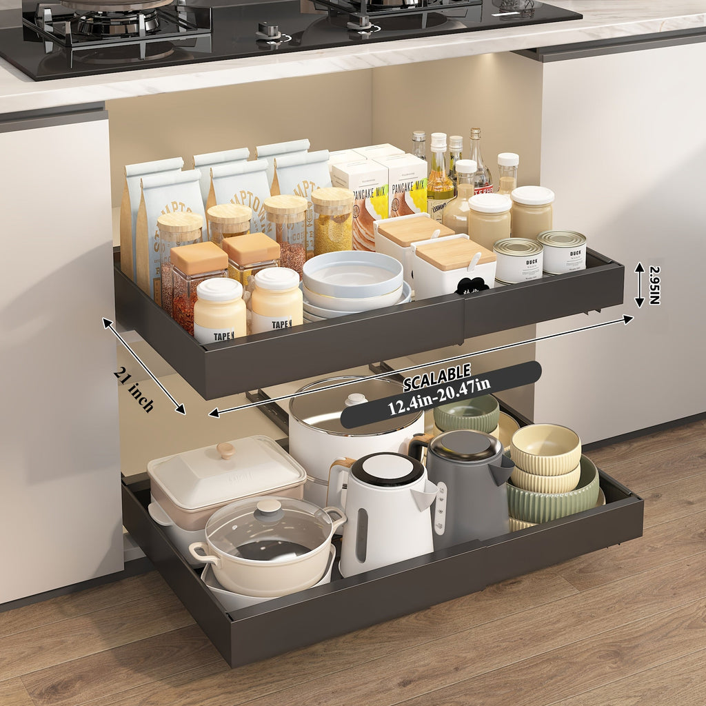 Expandable Pull-Out Cabinet Organizer Under Sink Storage Drawer Rack 2-Pack Adjustable Kitchen Shelf Organizer for Pots Pans Spices