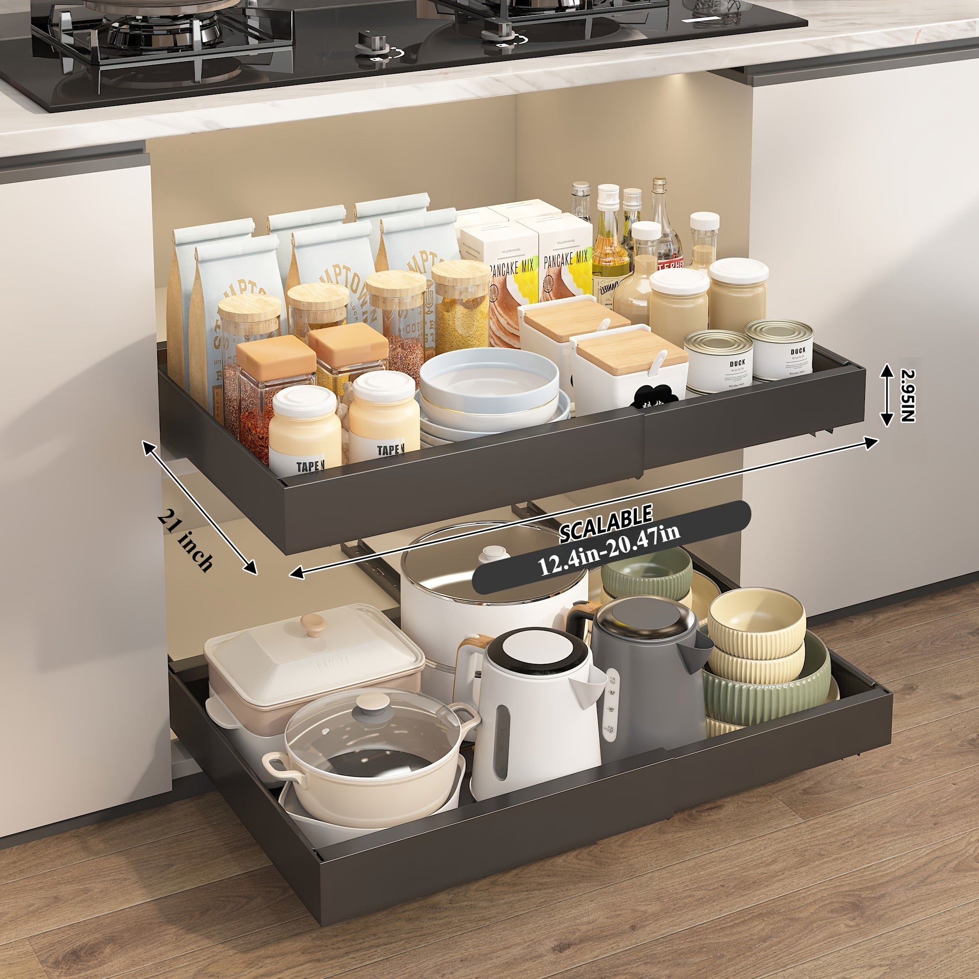 Expandable Pull-Out Cabinet Organizer Under Sink Storage Drawer Rack 2-Pack Adjustable Kitchen Shelf Organizer for Pots Pans Spices