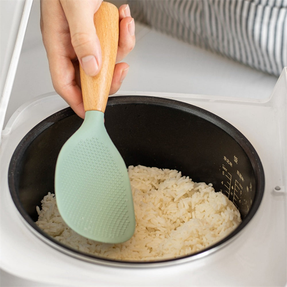 Silicone Rice Spatula Serving Spoon 2 Pack Wooden Handle Heat Resistant Durable Standing Spoon for Nonstick Pans Rice Cookers Grains Potato Server Kitchen Utensil Orange