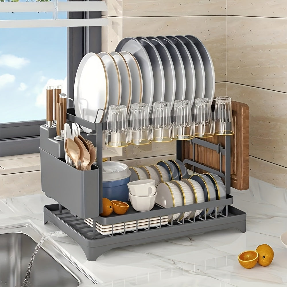 2-Tier Metal Dish Drying Rack with Drainboard ¨C Kitchen Counter Dish Drainer Compact Countertop Drying Rack Black White Gray