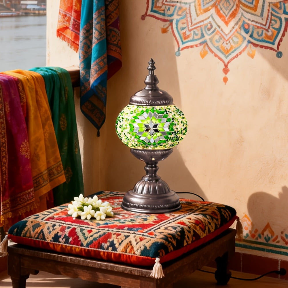 Moroccan Table Lamp Handmade DIY Turkish Lamp Dimmable Glass Metal Brass Bohemian Bedside Night Light with Remote for Bedroom Living Room Office Vintage Boho Home Decor Gift Multiple Colors
