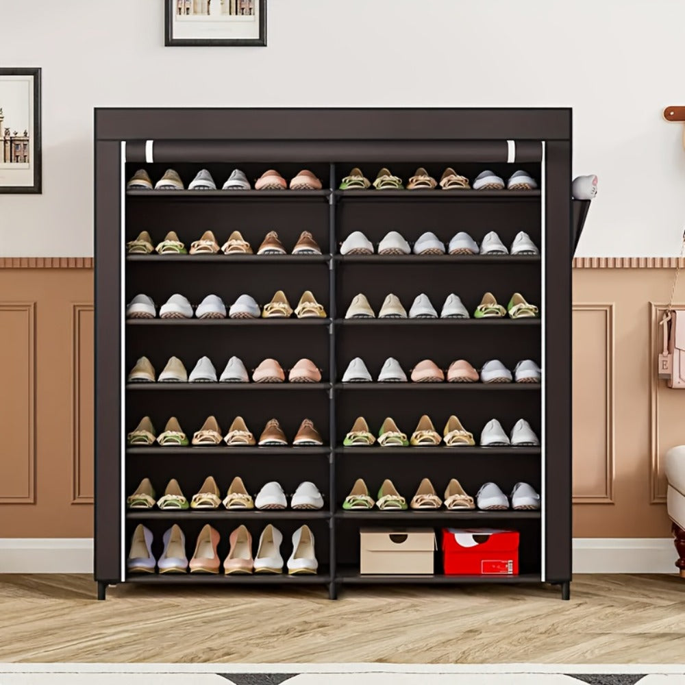 Shoe Rack Organizer 9 Tier Double Row Large Capacity Holds 42 Pairs Nonwoven Fabric Dust Cover Portable Shoe Cabinet Space Saving Easy Assembly for Home Bedroom Closet Dormitory Black