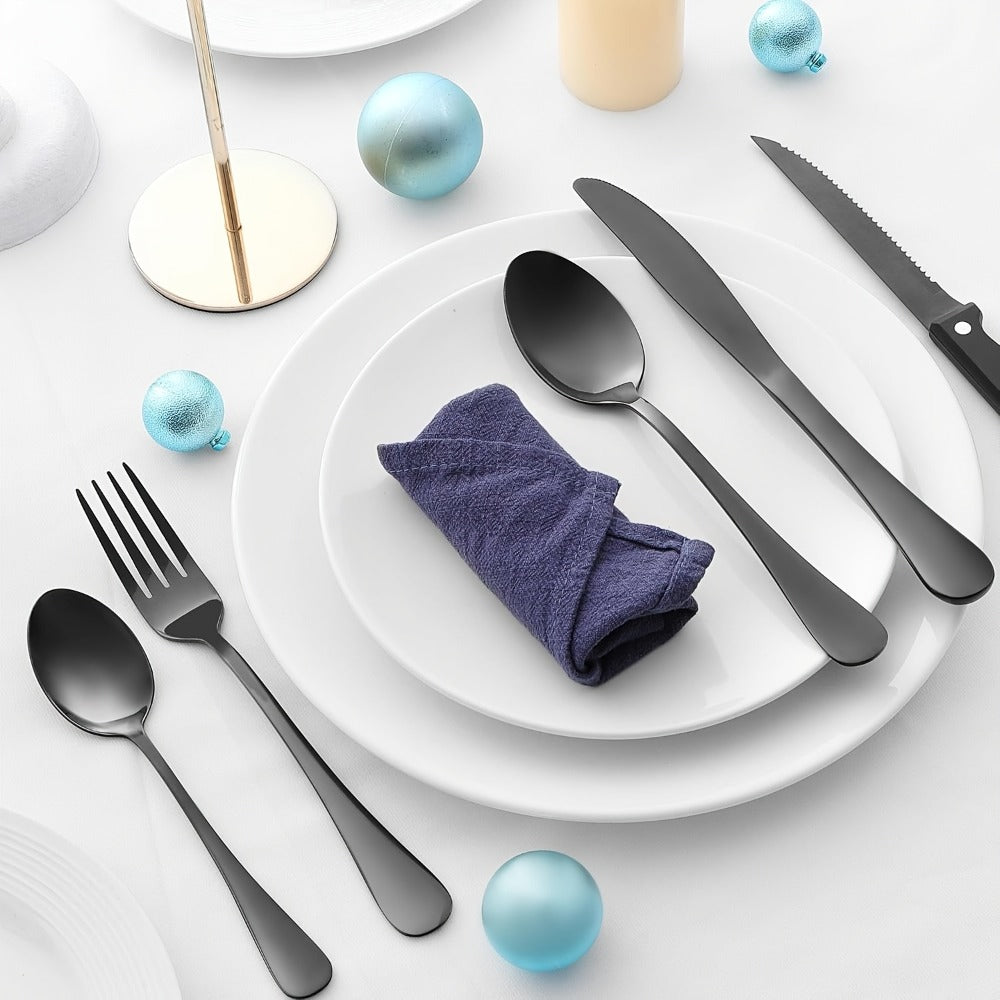Stainless Steel Flatware Set with Steak Knives ¨C 24/48 Piece Silverware Set Service for 4 or 8, Mirror Polished Cutlery, Dishwasher Safe, Silver & Black