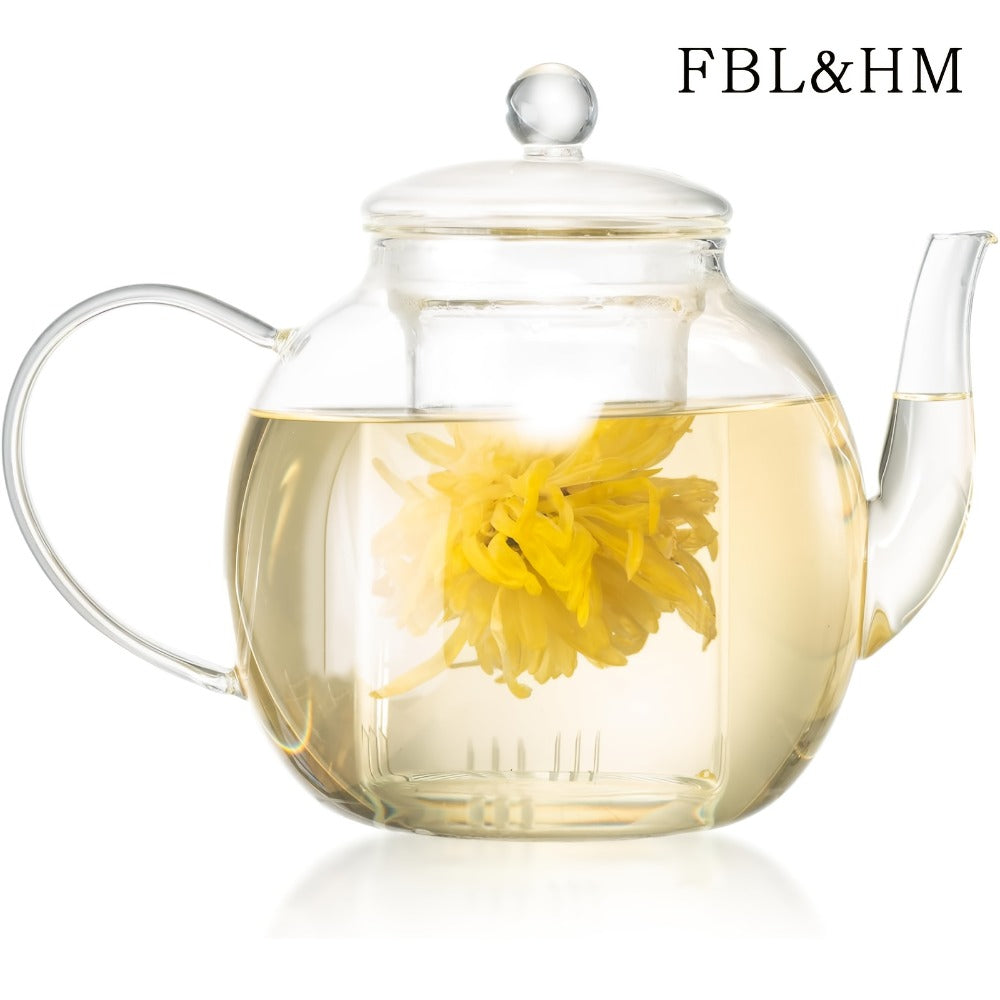 Glass Teapot with Removable Infuser 51oz Borosilicate Clear Tea Kettle Stovetop Safe for Loose Leaf Blooming Herbal & Flower Tea ¨C 1530ml Tea Pot with Optional Teacup Set